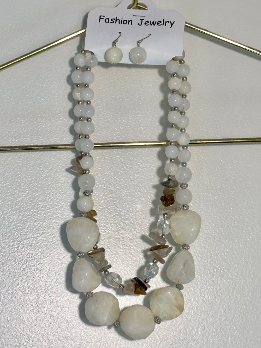 Cream Beige 2 Layer Beaded Statement Necklace Earring Set